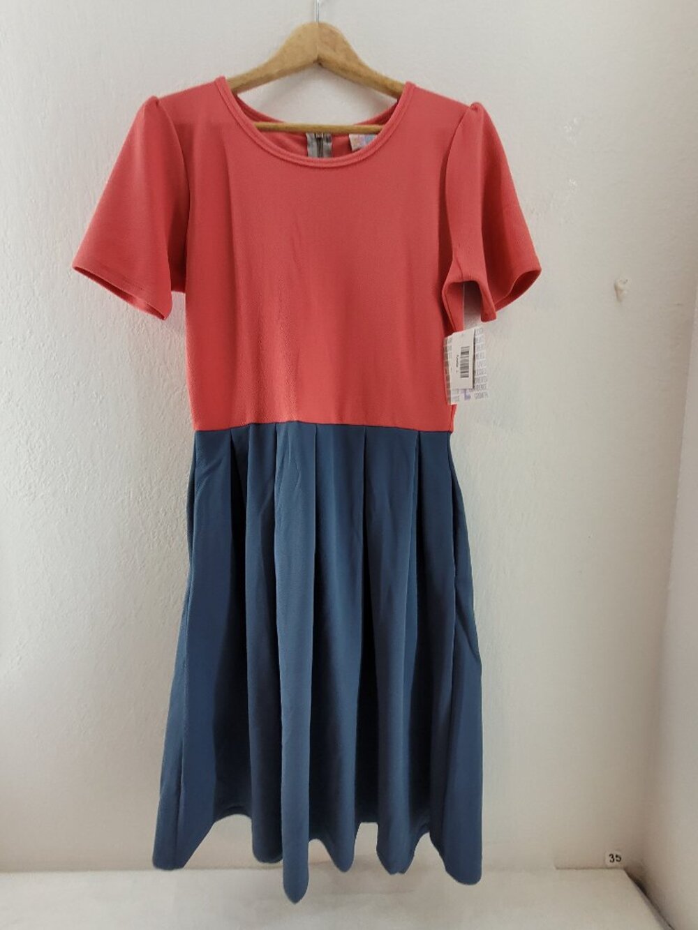 LuLaRoe Amelia Dress Size L Coral Blue Pockets Stretch A-Line Office Church